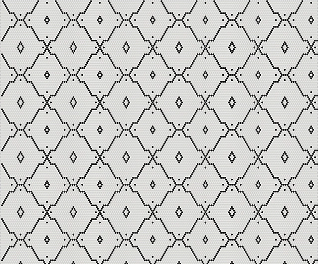 Black and white hexagonal tiles create the floor pattern