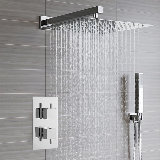 Basic Shower Set - Fontana Lima Ultra Thin Rain Shower Head with Built in Thermostatic Mixer and Hand Held Shower Set - Chrome