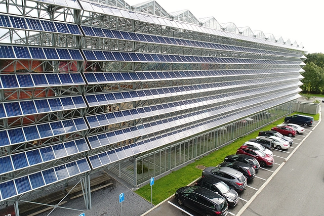 Photovoltaic greenhouse on roof and walls for the Aerospace Center