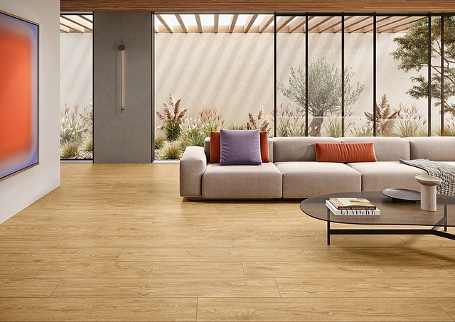 Woodline beige tiles in interior floor application