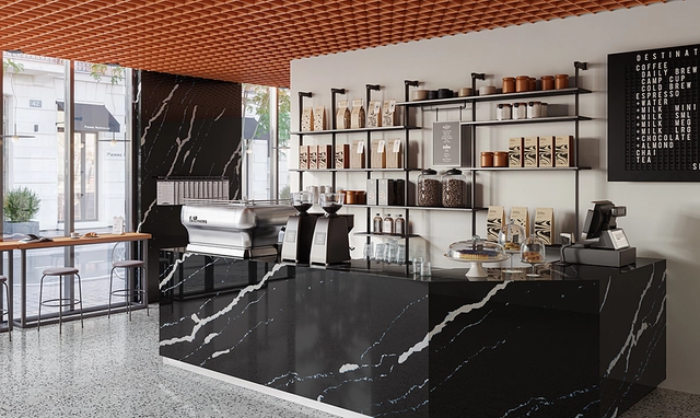 Bar countertop in Pimplico Nero quartz by Quarella