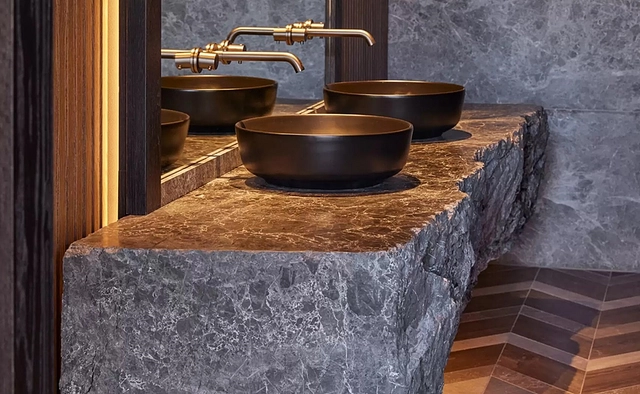 Minoan Black marble on solid vanity and cladding