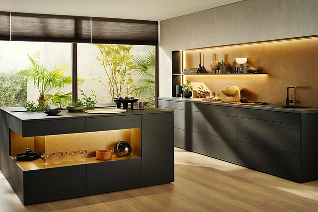 Modern kitchen design space featuring natural timber look of Black U999 TM28 PerfectSense Feelwood cabinetr