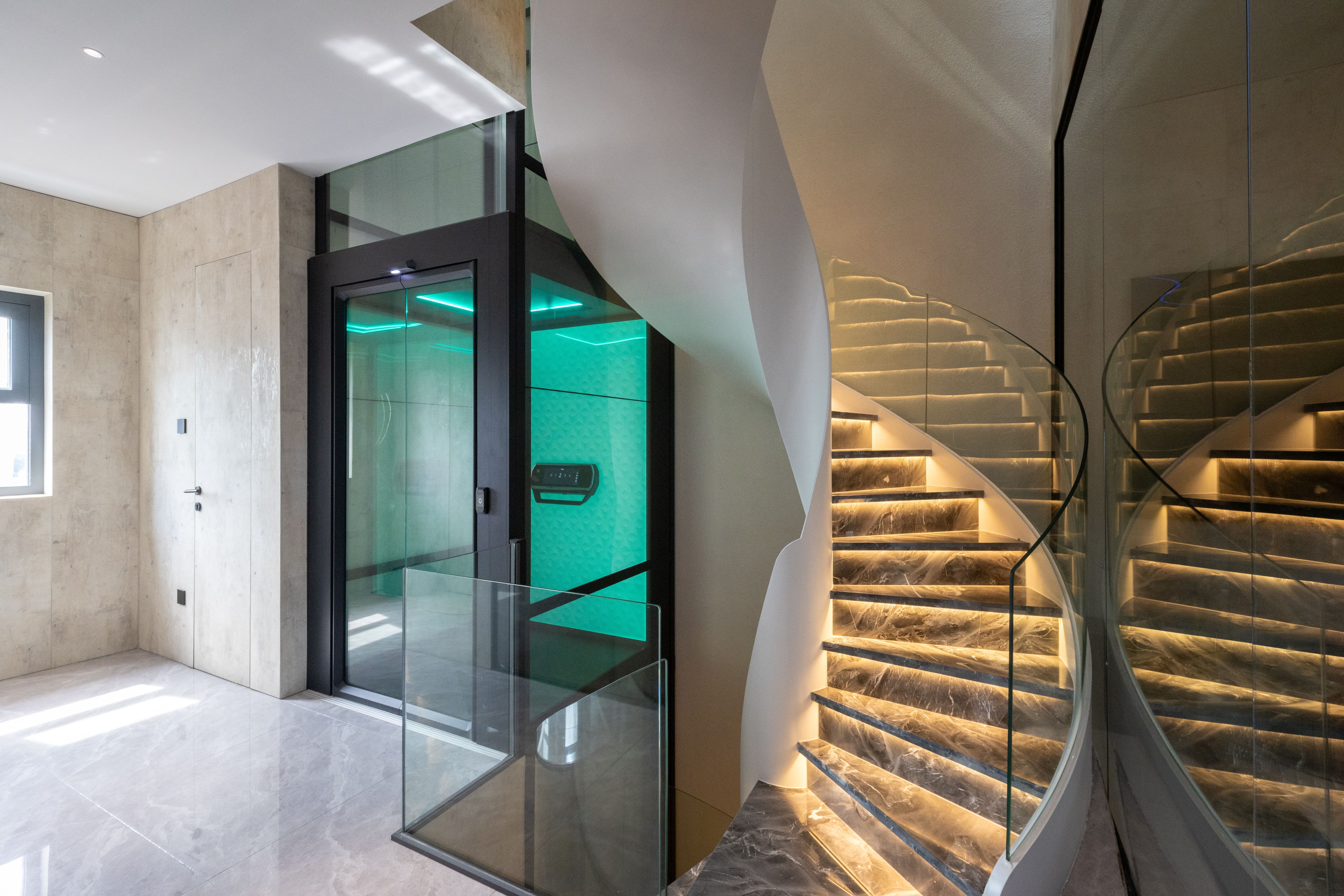 Glass Lift and Modern LED Staircase in Vietnam Home