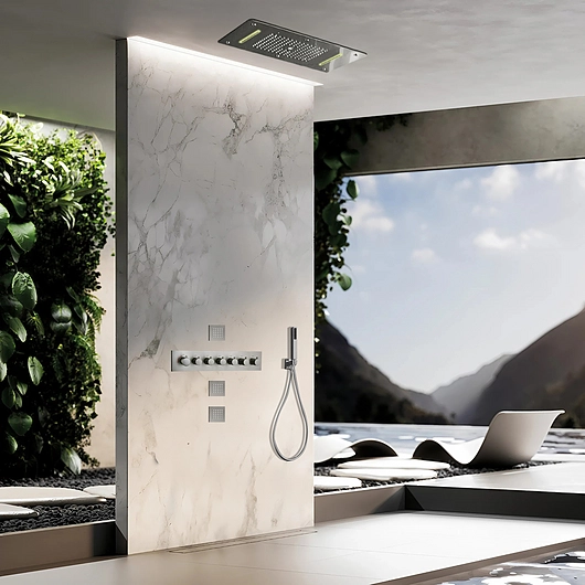 Stresa 6 Way LED Thermostatic Shower System with Handheld Shower and 6 Body Massage Jets