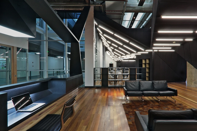 BGO Headquarters / ///byn - Institutional Buildings, Kitchen, Beam, Facade, Table, Countertop, Chair
