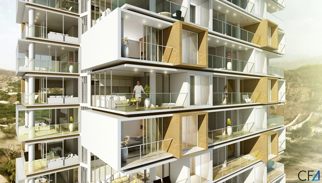 Primer Lugar Proyecto Puerto Salguero /  LGN Arquitectos + Contrafuerte Arquitectura - Apartamentos, Fachada, Balcón, Barandas