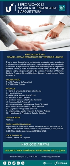 "Especialização em Cidades: Gestão Estratégica do Território Urbano" oferecido pela Unisinos - Imagem de Destaque