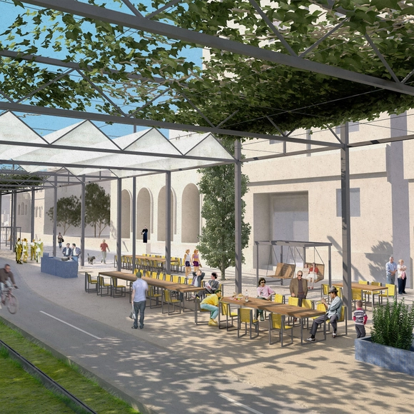 Re-Think Athens Competition Entry / Gianmaria Socci Architecture + Also Known As Architects + Alkistis Thomidou - Public Space, Garden, Facade, Arch, Chair, Bench