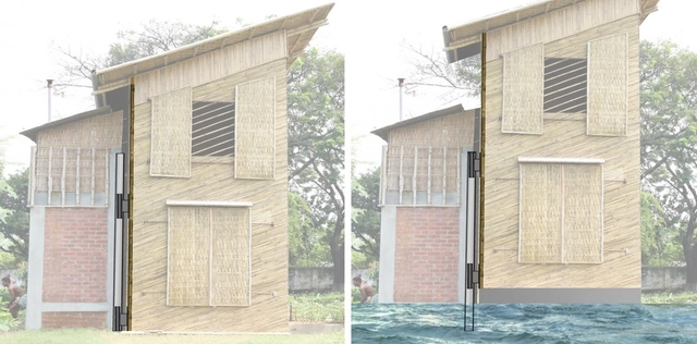 Casa de bambu em Bangladesh flutua em caso de inundações - Imagem de Destaque