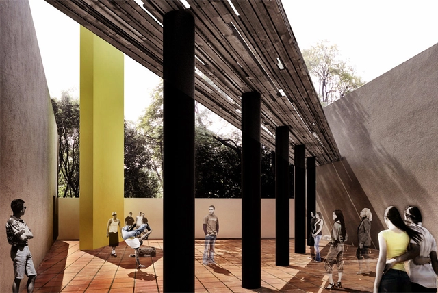 Proyecto de S-AR stacion-ARquitectura para el Pabellón Eco 2014  - Pabellón, Patio interior, Fachada, Pilares, Arco, Bancas, Sillas