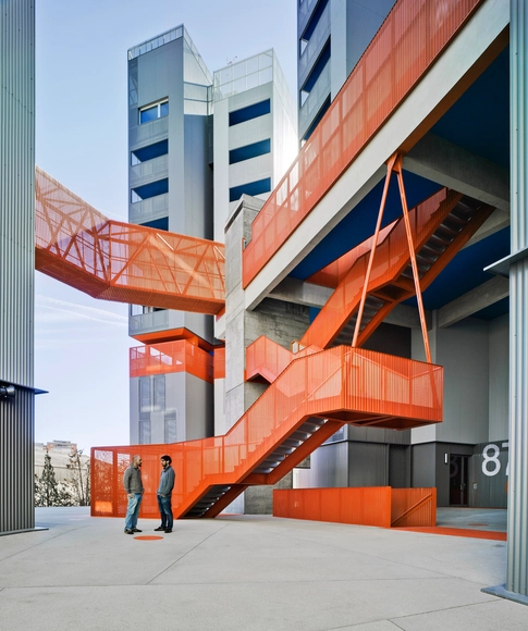 118 Subsidized dwellings, offices, retail spaces and garage / Amann Canovas Maruri - Office Buildings, Facade, Stairs, Handrail