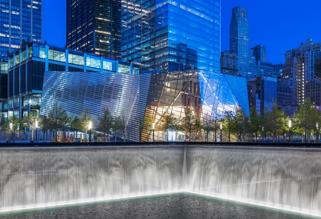 National September 11 Memorial Museum Pavilion / Snøhetta - Exterior Photography, Landmarks & Monuments, Facade, Lighting, Cityscape