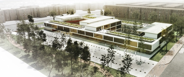 EMS Arquitectos, tercer lugar en concurso Ambientes de Aprendizaje del siglo XXI: Colegio Pradera El Volcán - Escuela Primaria, Jardín, Fachada