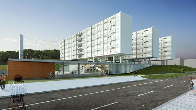 Proposta finalista do concurso para a Moradia Estudantil da Unifesp Osasco / Albuquerque + Schatzmann arquitetos + Diego Tamanini + Felipe Finger - Fachada