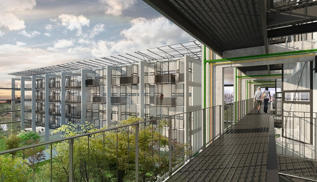 Proposta finalista do concurso para a Moradia Estudantil da Unifesp Osasco / Grupo Garoa + Cura + Costa e Macedo Arquitetos   - Fachada, Corrimão, Cerca