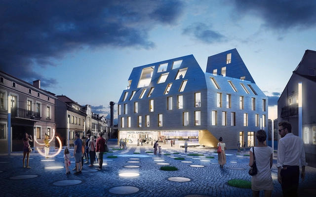 BAKPAK Architects + EovaStudio, primer lugar en concurso de edificio multifuncional en Polonia - Arquitectura De Uso Mixto, Fachada