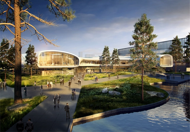 Ennead Architects Design Huawei Research Center in Wuhan, China - Garden, Facade, Arch, Cityscape