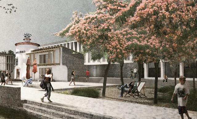 Duque Motta + Livingstone + Jadue, segunda mención en concurso Edificio Consistorial de Papudo - Ayuntamiento, Jardín, Fachada, Iluminación, Bancas
