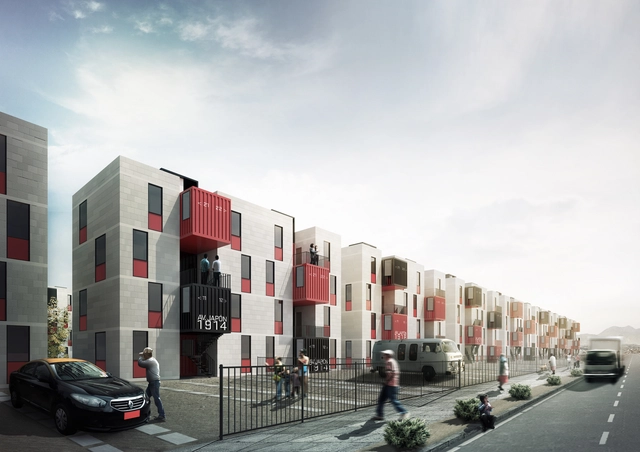 Mención Honrosa profesional en nuevo plan maestro urbano habitacional en Alto Hospicio - Vivienda Social, Fachada