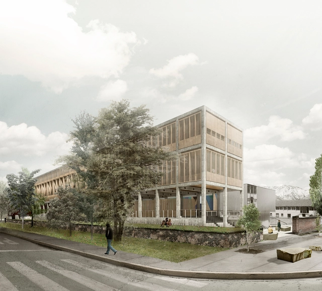 Guillermo Hevia García + Nicolás Urzúa Soler, tercer lugar en concurso Edificio FADEU-CMPC - Universidad, Fachada