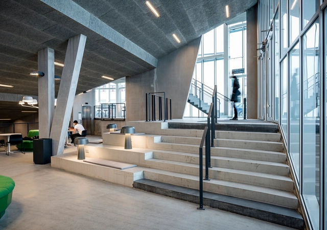 Campus Örebro: Nova House  / Juul Frost Architects - Institutional Buildings, Stairs, Facade, Beam, Handrail, Bench