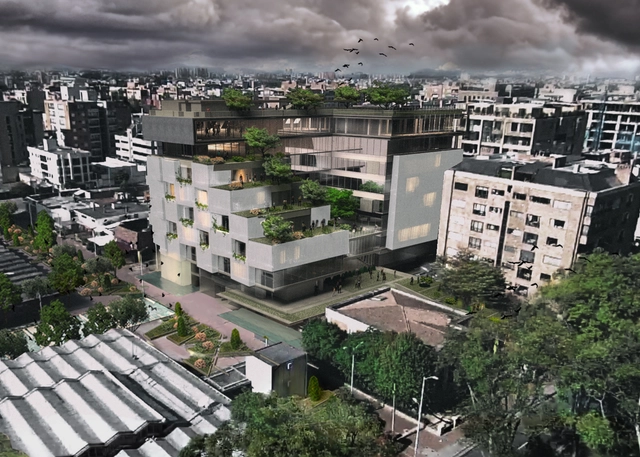Luis Calderón + Roswell Garavito, segundo lugar en concurso de nueva Sede UNIANDINOS - Edificio De Oficinas, Fachada, Urbano