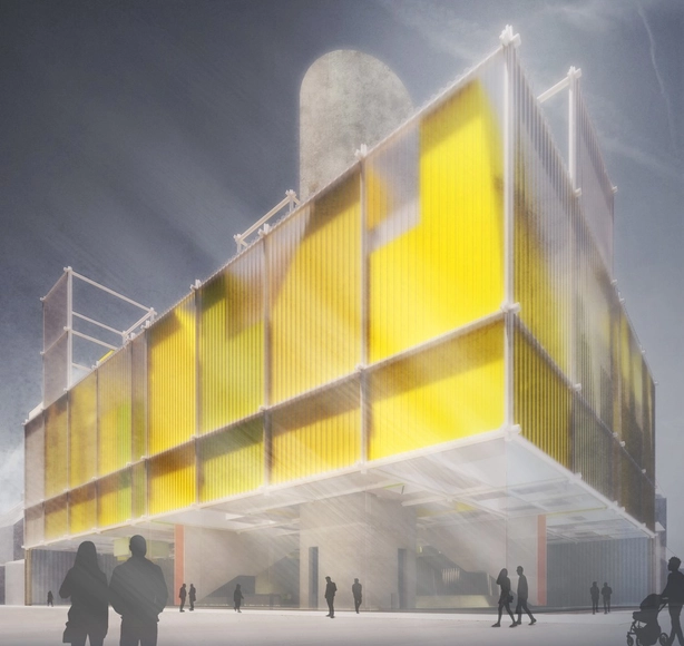 Tokyo Pop Lab Honorable Mention Layers Boxes in a 3D Visualization of Pop Culture - Facade