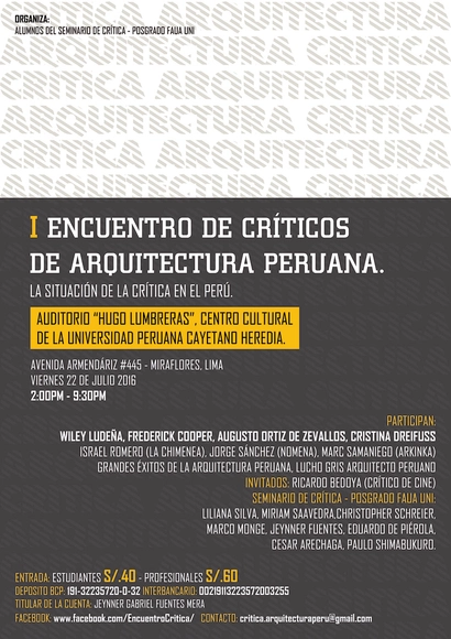 I Encuentro de críticos de la arquitectura peruana. La situación de la crítica en el Perú / Auditorio Hugo Lumbreras - Imagen Principal