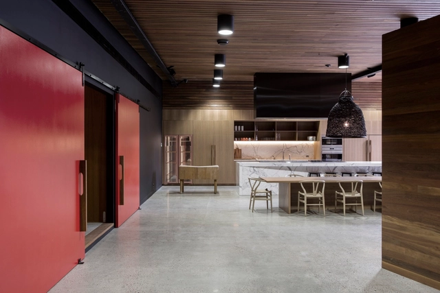 Vic's Meat Office Fit-out / Those Architects + End of Work - Offices Interiors, Kitchen, Beam, Door, Table, Countertop, Bench, Chair
