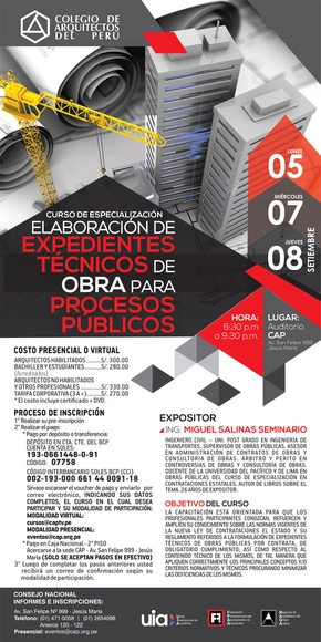Curso de especialización Elaboración De Expedientes Técnicos de obra para Procesos Públicos / CAP, Lima - Imagen Principal