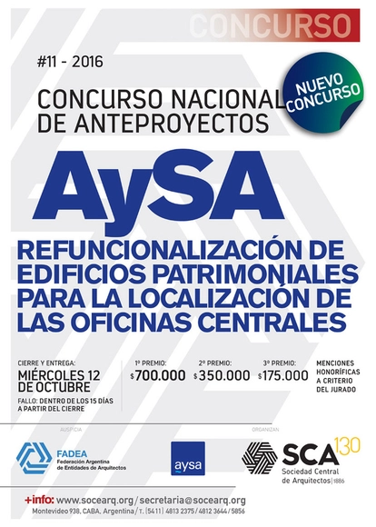 Concurso Nacional de Anteproyectos: Refuncionalización de edificios patrimoniales para localización de oficinas centrales de AySA en Argentina - Imagen Principal