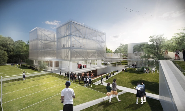 Arquitectura en Estudio + Nieto Arquitectos, primer lugar en concurso Colegio Santa Francisca Romana - Escuela Secundaria, Jardín, Fachada