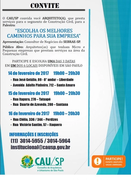 Palestra SEBRAE / CAU/SP - "Escolha os melhores caminhos para sua empresa" - Imagem de Destaque