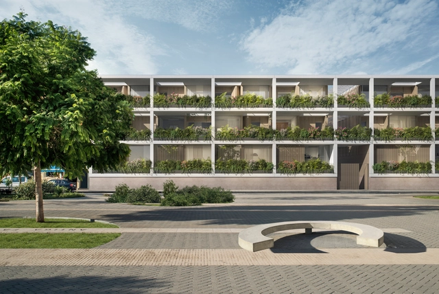 MESURA + TOI T, finalistas en concurso para arquitectos emergentes en España - Vivienda Colectiva, Jardín, Fachada