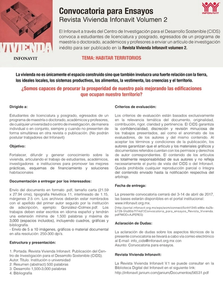 Convocatoria para ensayos: Revista Vivienda Infonavit V.2 - Imagen Principal