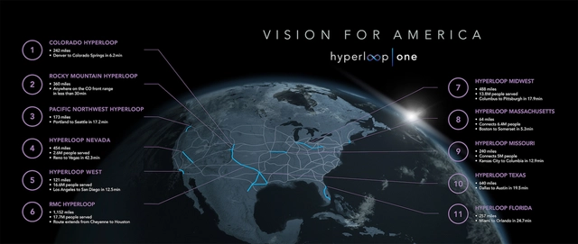 Hyperloop One revela mapa de 11 sistemas propuestos para EU - Imagen Principal