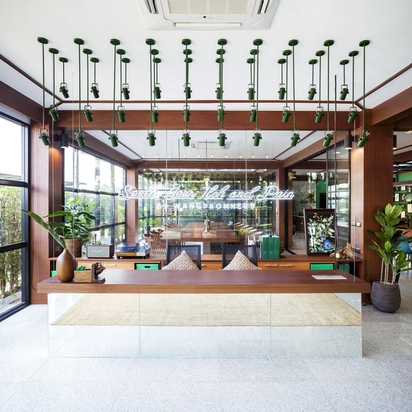 Modern Sampran Wangprom Office  / Apostrophy's - Offices Interiors, Courtyard, Beam, Facade, Table, Bench