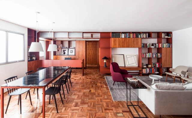 Apartamento Terracota / AR Arquitetos - Edifício De Apartamentos, Cozinha, Viga, Mesa, Cadeira, Iluminação, Bancada