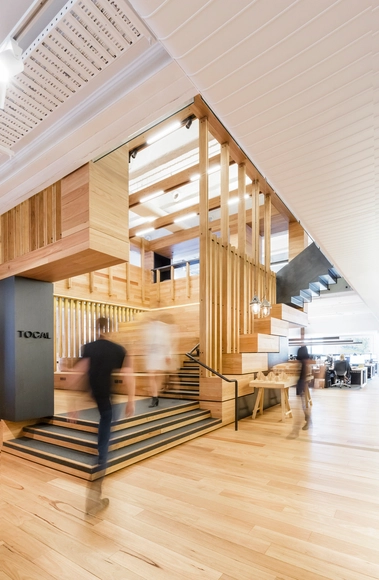 Box Office / Cox Architecture - Offices Interiors, Beam, Stairs, Handrail, Facade, Bench, Chair