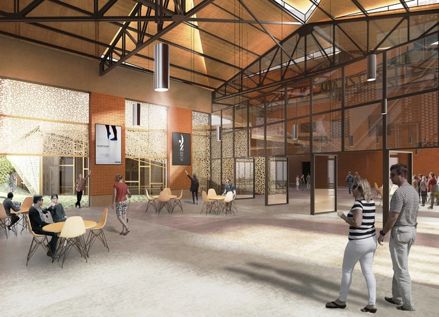 EMBT e Ilimelgo ganan concurso para renovar y ampliar la sala de eventos de Romainville en París - Centro Cultural, Fachada, Fijación Vigas, Sillas, Mesas