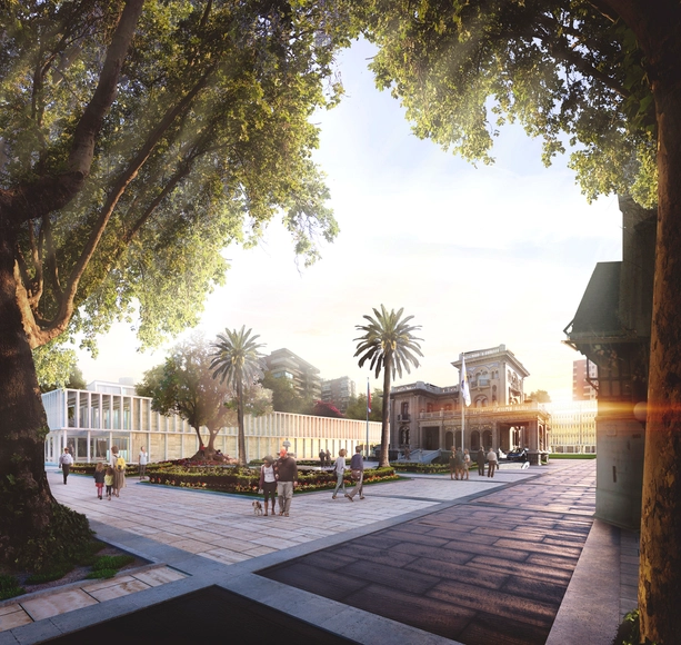 Tomás Villalón, Nicolás Norero y Leonardo Quinteros ganan concurso del nuevo edificio municipal de Providencia - Ayuntamiento, Patio interior, Fachada, Arco, Bancas