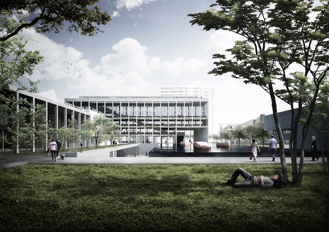 Albert Tidy Arquitectos + Studio Cáceres Lazo, mención honrosa concurso edificio municipal Providencia y su plan maestro  - Edificios Municipales, Jardín, Fachada