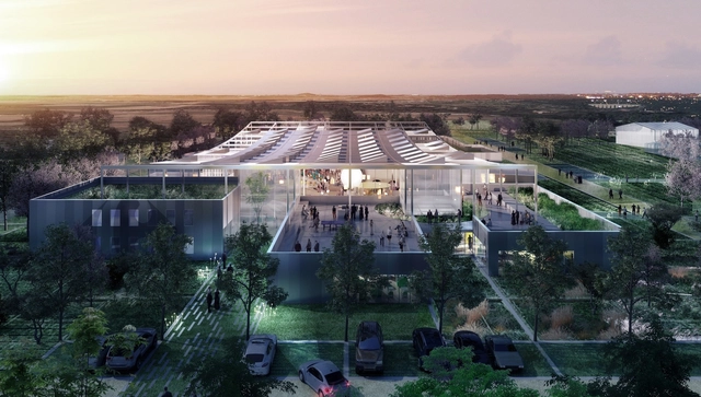 Clément Blanchet Architecture Designs Agriculturally Inspired Research Center for Carrefour in France's Silicon Valley - Garden, Facade, Cityscape