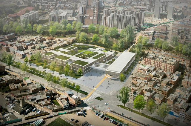 Arquitectura en Estudio + Nomena Arquitectos, segundo lugar en diseño del Colegio Argelia II y Centro de la Bici - Escuela Primaria, Fachada, Urbano