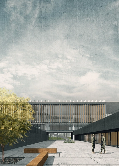Jaime Bendersky Arquitectos + GVAA, segundo lugar en Campus Educativo de la Academia de Guerra del Ejército de Chile  - Militar, Jardín, Fachada, Cierros, Barandas