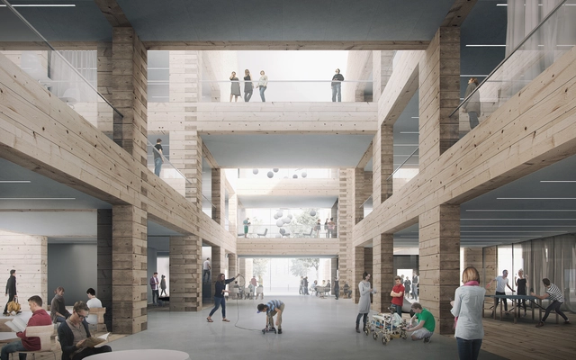 High School and Community Centre Project Tests the Limits of Timber Log Construction - Community Center, Facade, Beam