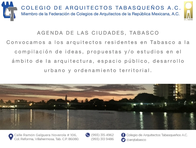AGENDA DE LAS CIUDADES, TABASCO: Convocatoria para Arquitectos de Tabasco a la compilación de ideas, propuestas y/o estudios en el ámbito de la arquitectura, espacio público, desarrollo urbano y ordenamiento territorial. - Imagen Principal