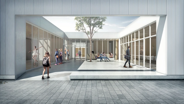 El patio como mediación y lugar: conoce los ganadores del concurso Centro Cultural de Añelo - Fachada, Escaleras
