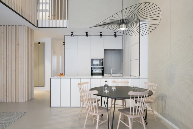 Refurbishment of the Maisonette Apartment in Bratislava / Lang Benedek Associated Architects - Apartment Interiors, Kitchen, Beam, Table, Countertop, Chair, Lighting